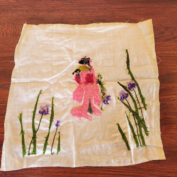 Vintage 1972 Embroidery Handmade Asian Lady Geisha Iris Slow Stitch Cottagecore - Picture 6 of 14